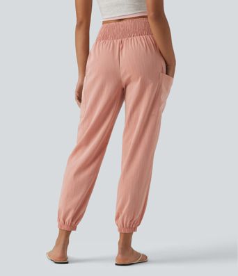 High Waisted Shirred Tapered Casual Linen-Feel Joggers with Pockets