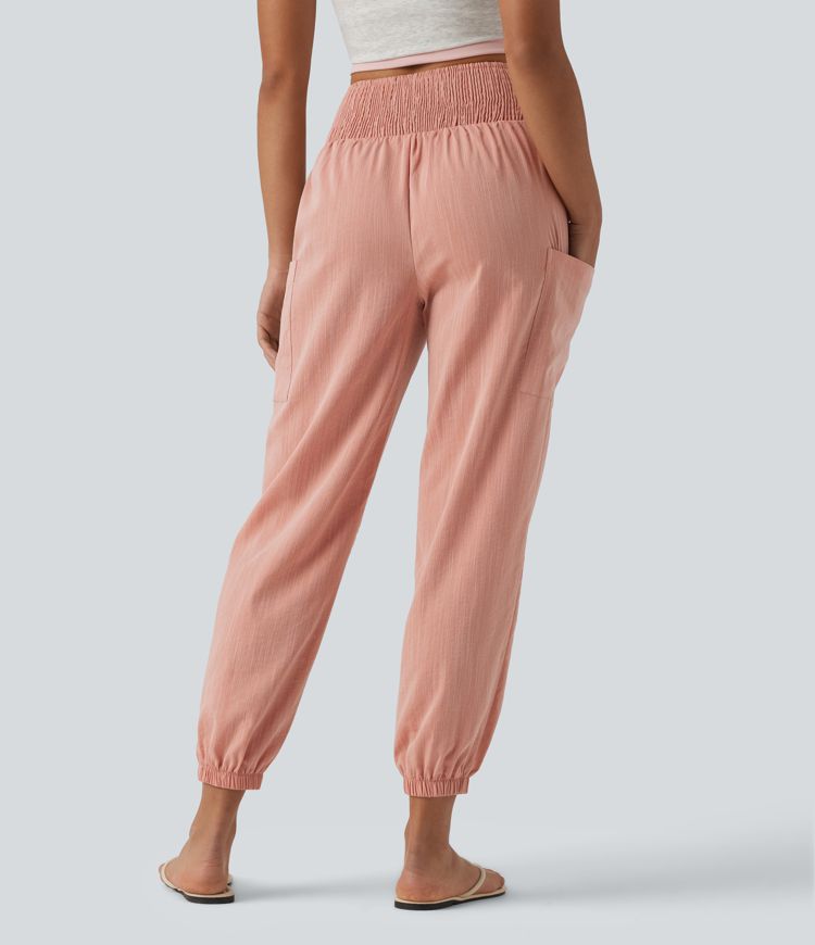High Waisted Shirred Tapered Casual Linen-Feel Joggers with Pockets