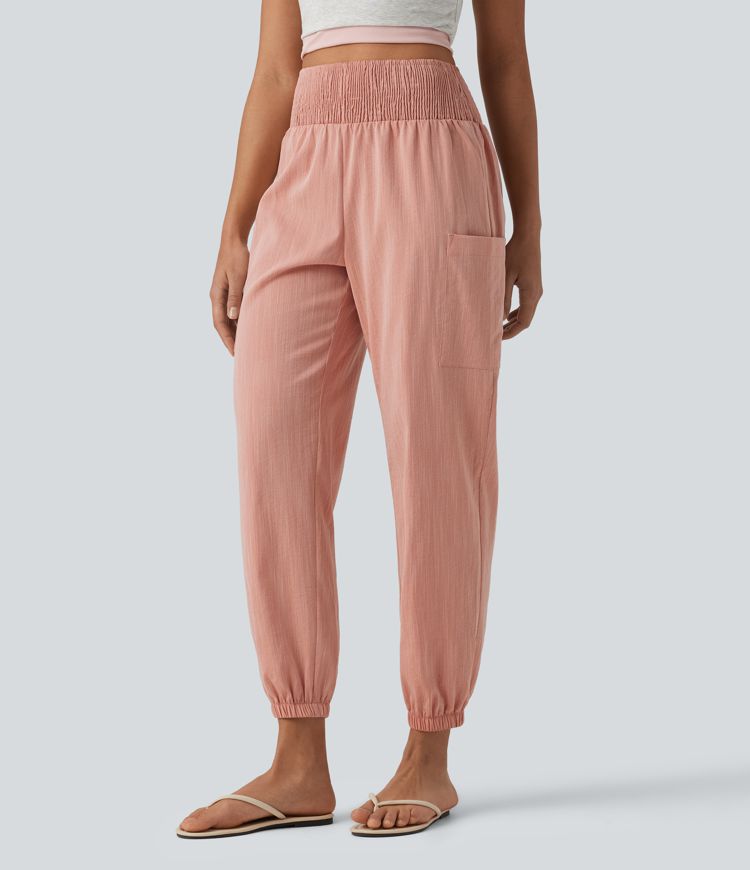 High Waisted Shirred Tapered Casual Linen-Feel Joggers with Pockets