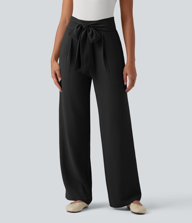 Tie-front High Waisted Linen-Feel Casual Straight Leg Pants with Pockets