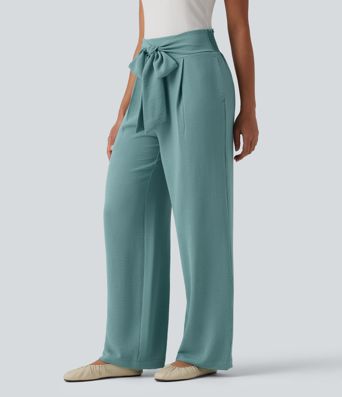 Tie-front High Waisted Linen-Feel Casual Straight Leg Pants with Pockets