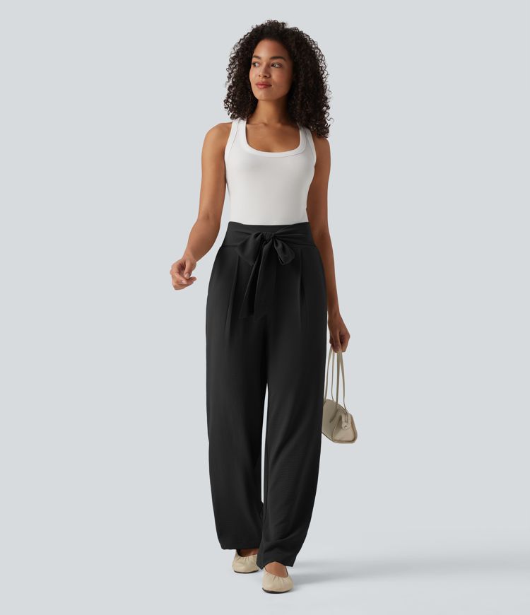 Tie-front High Waisted Linen-Feel Casual Straight Leg Pants with Pockets