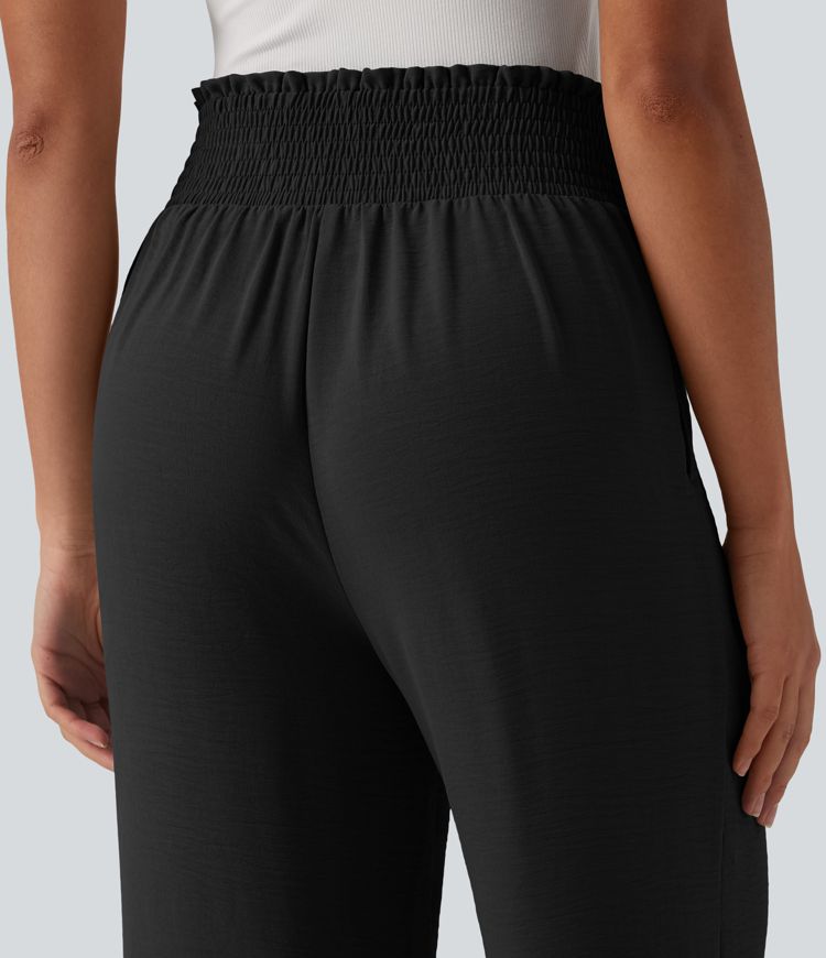 Tie-front High Waisted Linen-Feel Casual Straight Leg Pants with Pockets