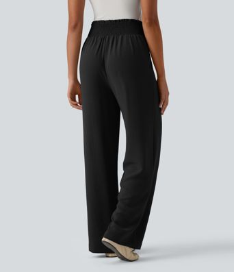 Tie-front High Waisted Linen-Feel Casual Straight Leg Pants with Pockets