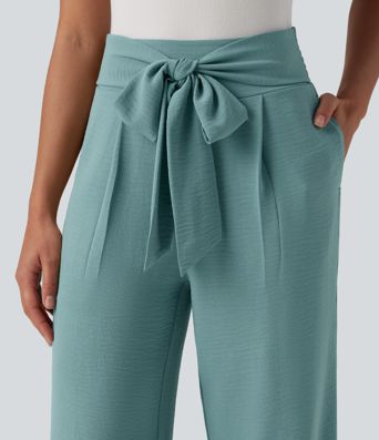 Tie-front High Waisted Linen-Feel Casual Straight Leg Pants with Pockets