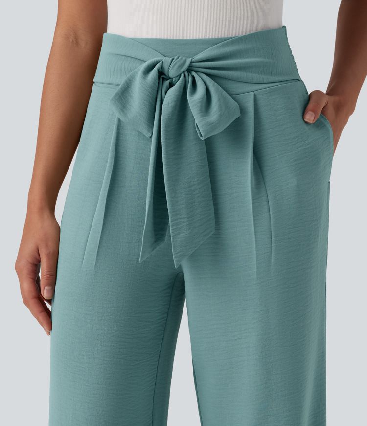Tie-front High Waisted Linen-Feel Casual Straight Leg Pants with Pockets