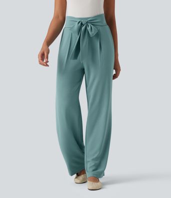 Tie-front High Waisted Linen-Feel Casual Straight Leg Pants with Pockets