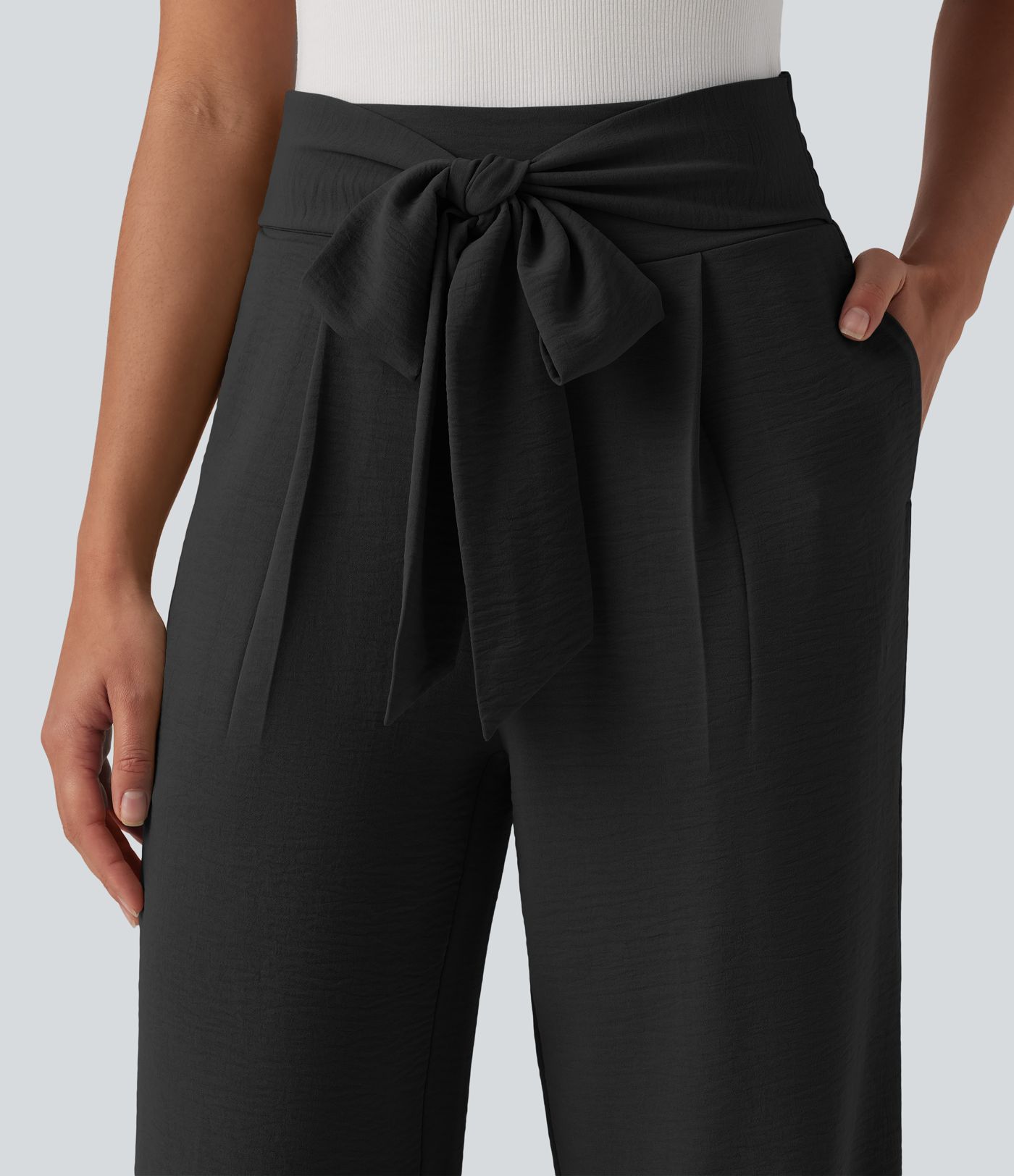 Tie-front High Waisted Linen-Feel Casual Straight Leg Pants with Pockets