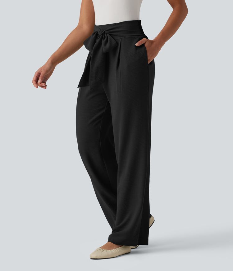 Tie-front High Waisted Linen-Feel Casual Straight Leg Pants with Pockets