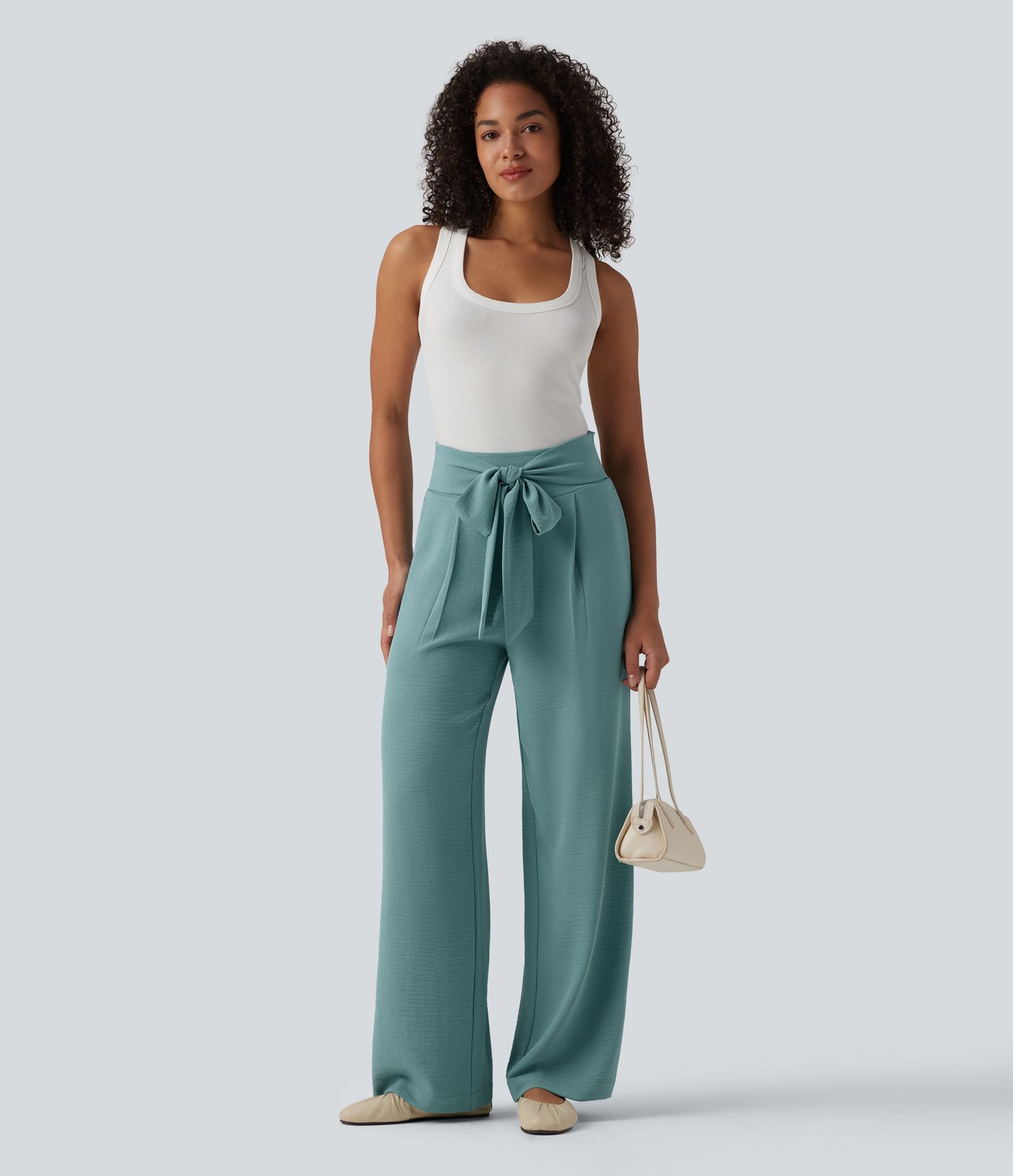 Tie-front High Waisted Linen-Feel Casual Straight Leg Pants with Pockets
