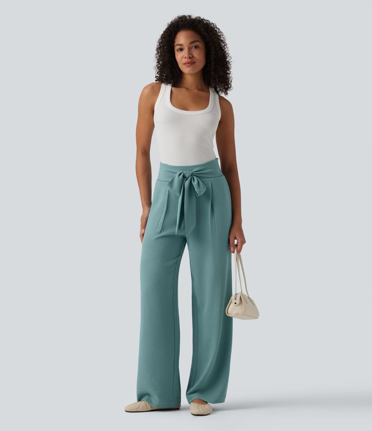Tie-front High Waisted Linen-Feel Casual Straight Leg Pants with Pockets
