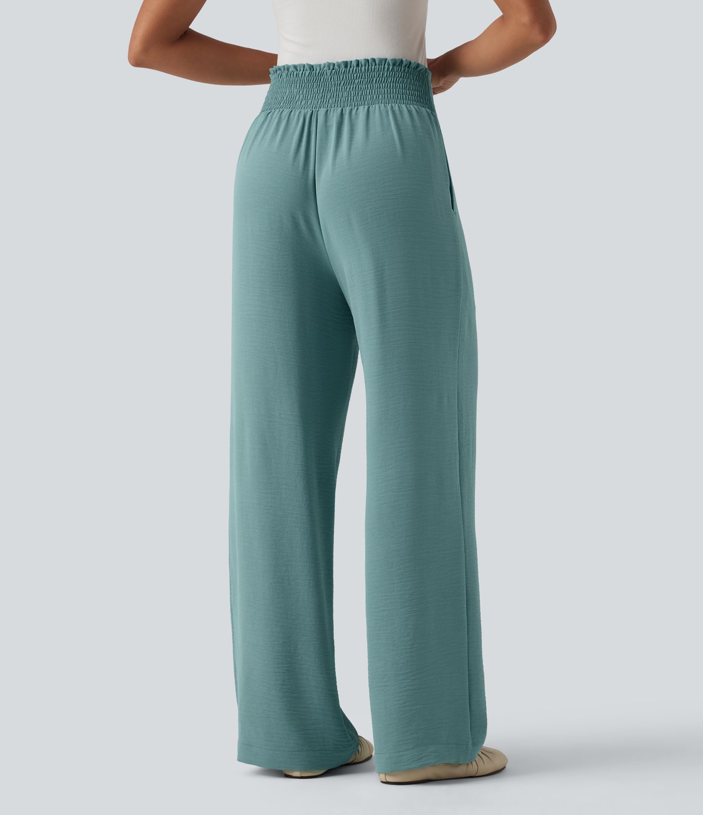 Tie-front High Waisted Linen-Feel Casual Straight Leg Pants with Pockets