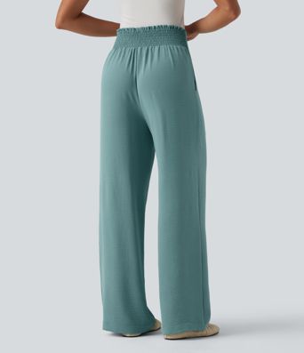 Tie-front High Waisted Linen-Feel Casual Straight Leg Pants with Pockets