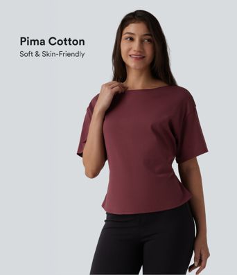 Boat Neck Short Sleeve Work Pima Cotton T-Shirt