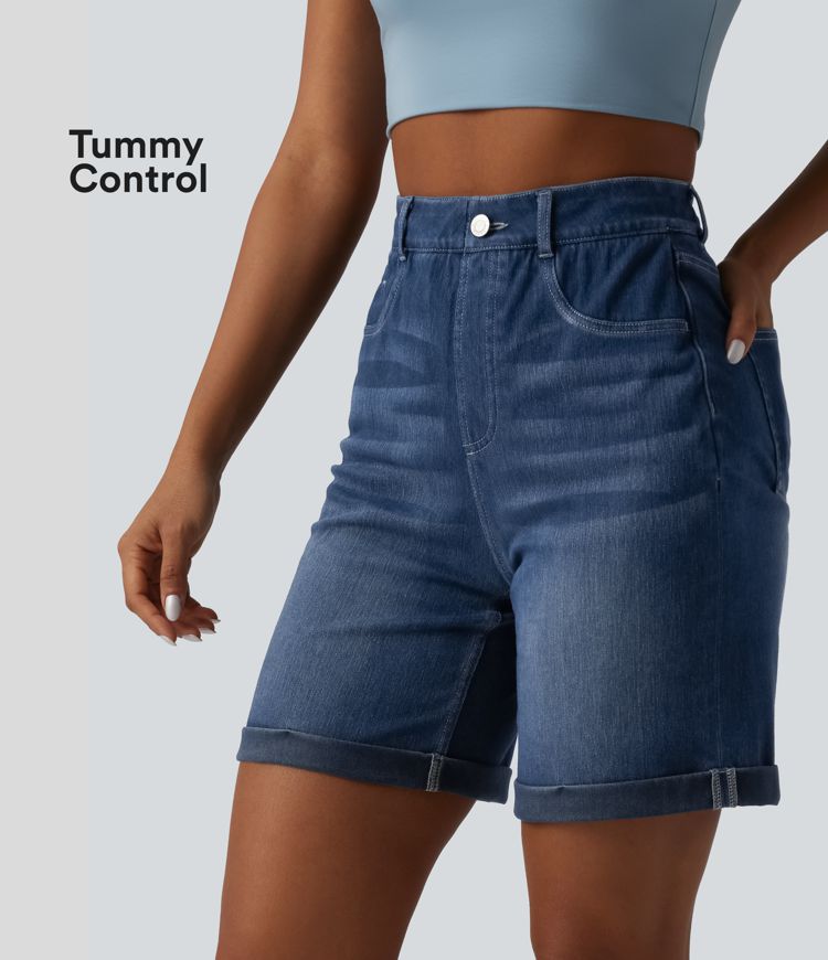 Halara Flex™ High Waisted Tummy Control Rolled Hem Skinny Casual Denim Shorts with Pockets Halara Flex™ High Waisted Tummy Control Rolled Hem Skinny Casual Denim Shorts with Pockets