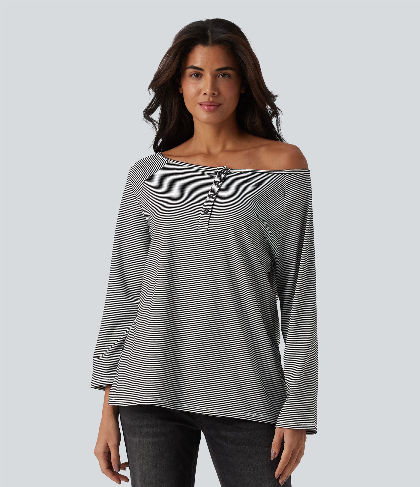 Ribbed Knit One-shoulder Long Sleeve Stripes Relaxed Casual Top