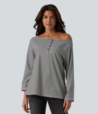 Ribbed Knit One-shoulder Long Sleeve Stripes Relaxed Casual Top