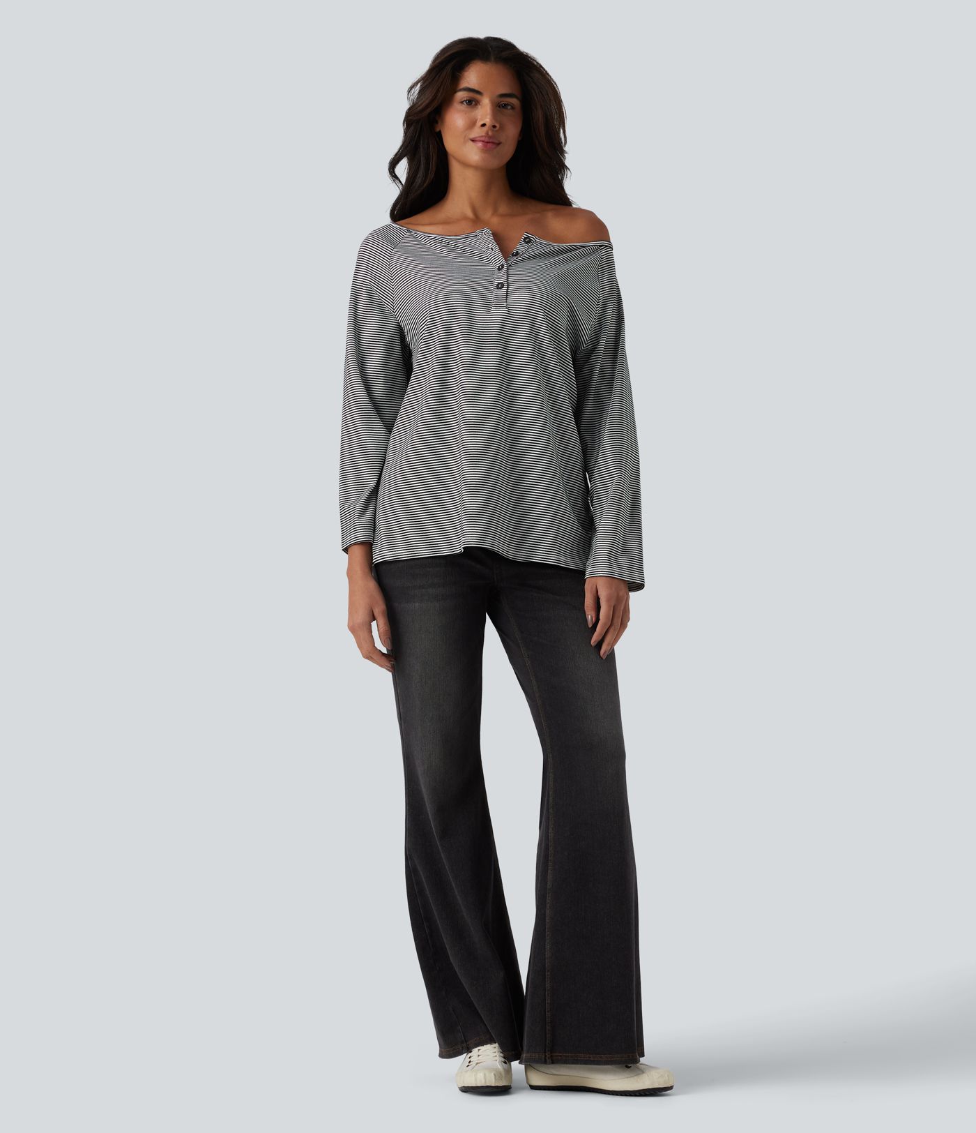 Ribbed Knit One-shoulder Long Sleeve Stripes Relaxed Casual Top