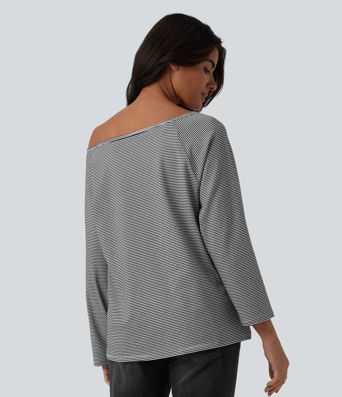 Ribbed Knit One-shoulder Long Sleeve Stripes Relaxed Casual Top