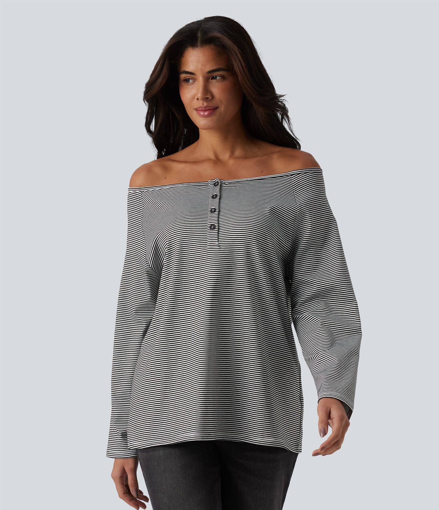 Ribbed Knit One-shoulder Long Sleeve Stripes Relaxed Casual Top