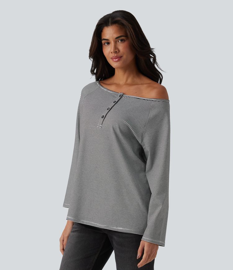Ribbed Knit One-shoulder Long Sleeve Stripes Relaxed Casual Top