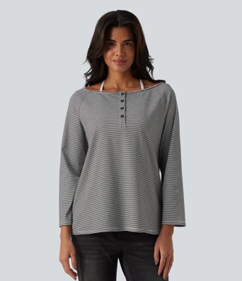 Ribbed Knit One-shoulder Long Sleeve Stripes Relaxed Casual Top