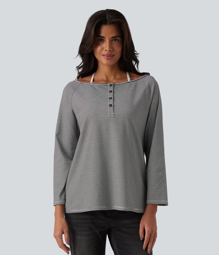 Ribbed Knit One-shoulder Long Sleeve Stripes Relaxed Casual Top
