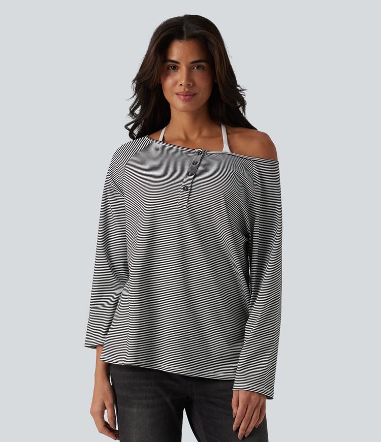 Ribbed Knit One-shoulder Long Sleeve Stripes Relaxed Casual Top