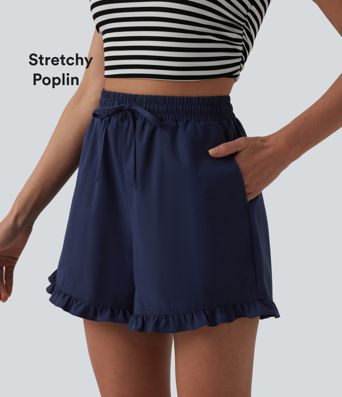 High Waisted Drawstring Ruffle Hem Stretchy Poplin Casual Baggy Shorts with Pockets