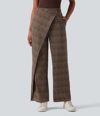 Halara Flex™ High Waisted Straight Leg Plaid Work Trousers with Pockets