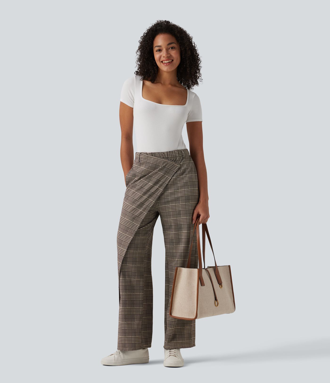 Pantalon tailleur droit Halara Flex™ taille haute à carreaux avec poches