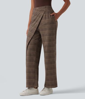 Halara Flex™ High Waisted Straight Leg Plaid Work Trousers with Pockets