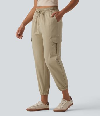 Pantalones jogger cargo informales de popelín elástico, de tiro medio, con cordón y bolsillos