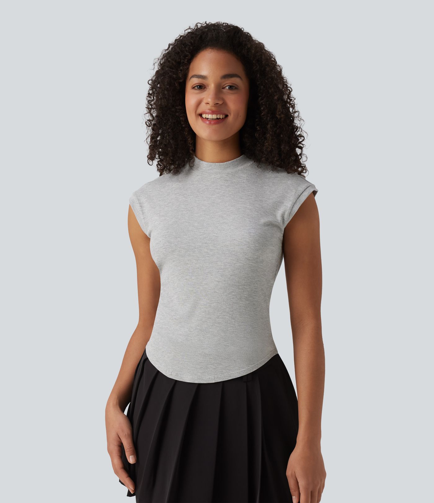 Ribbed Knit Stand Collar Casual Tank Top