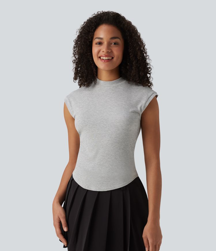 Ribbed Knit Stand Collar Casual Tank Top