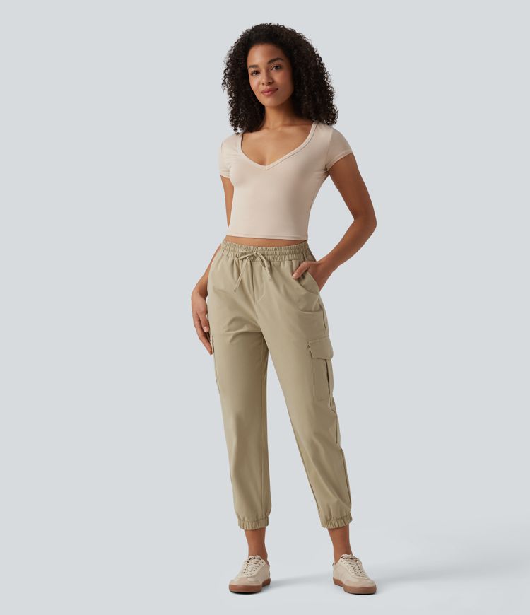 Mid Rise Drawstring Stretchy Poplin Casual Cargo Joggers with Pockets