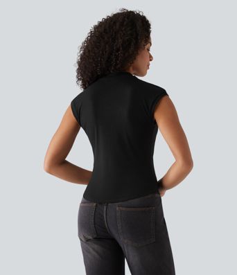 Ribbed Knit Stand Collar Casual Tank Top