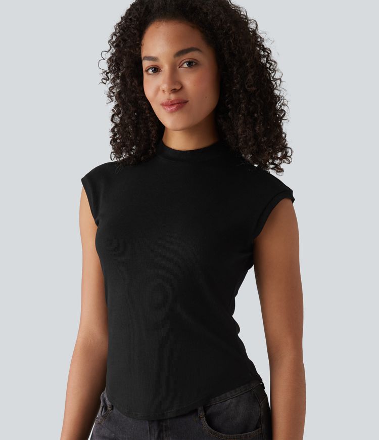 Ribbed Knit Stand Collar Casual Tank Top