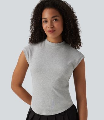 Ribbed Knit Stand Collar Casual Tank Top