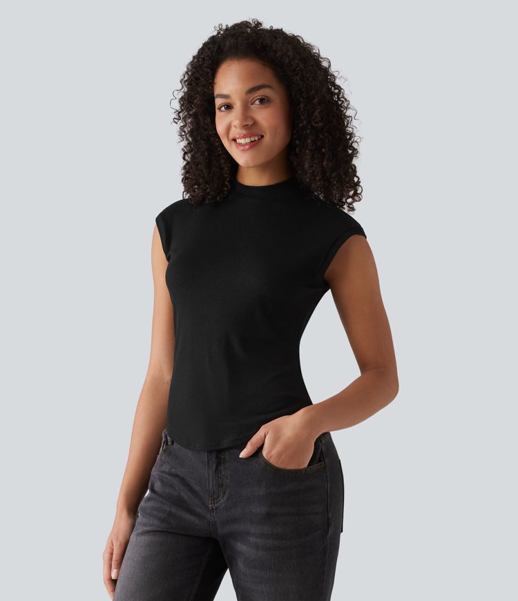 Ribbed Knit Stand Collar Casual Tank Top