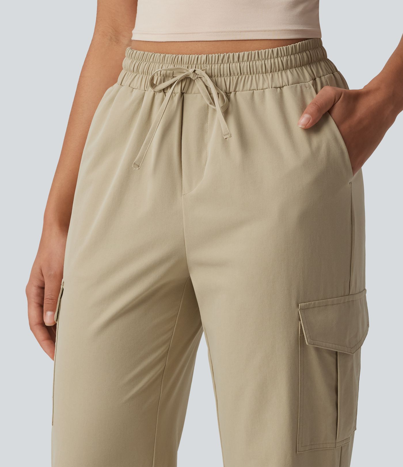 Mid Rise Drawstring Stretchy Poplin Casual Cargo Joggers with Pockets