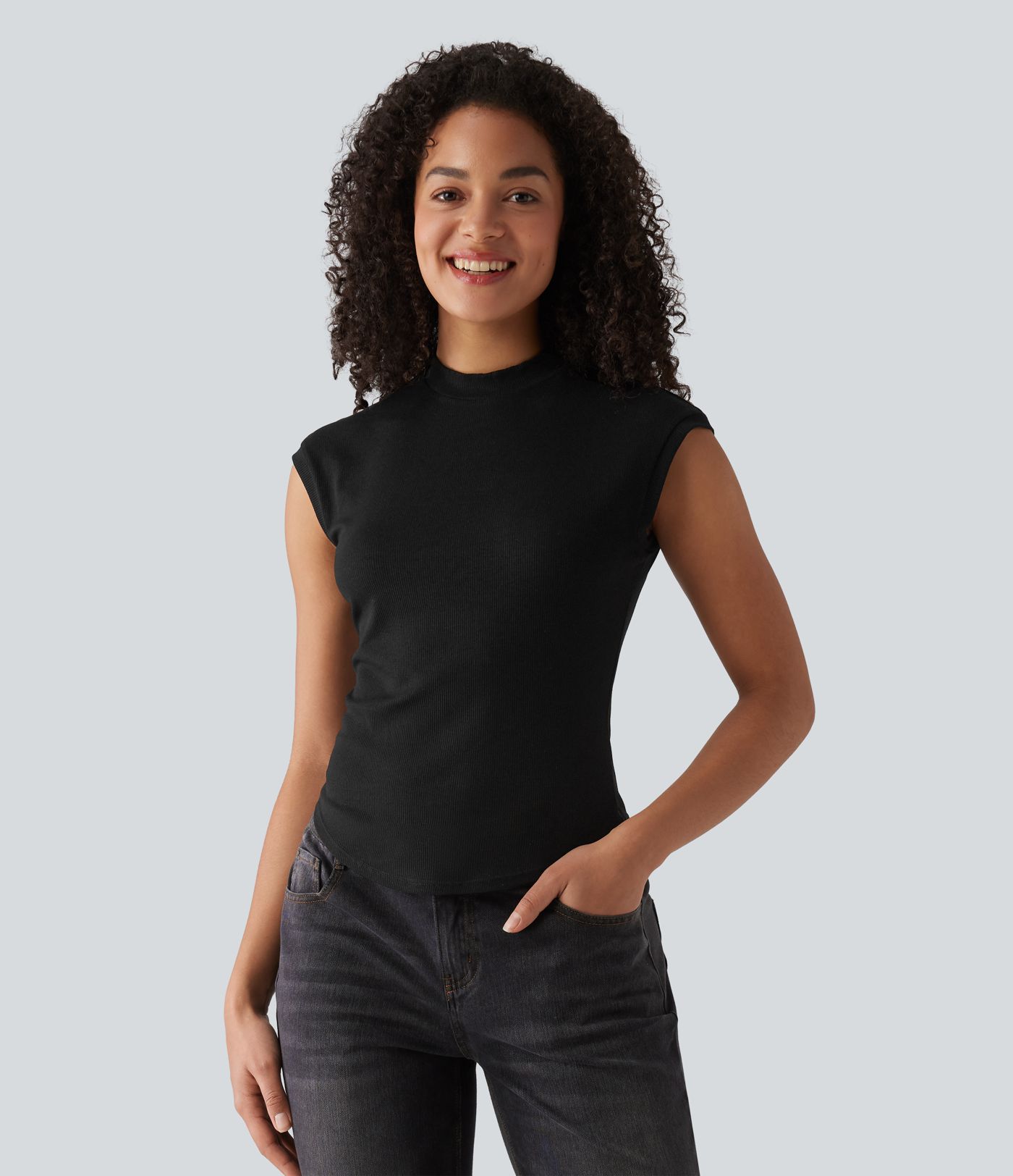 Ribbed Knit Stand Collar Casual Tank Top