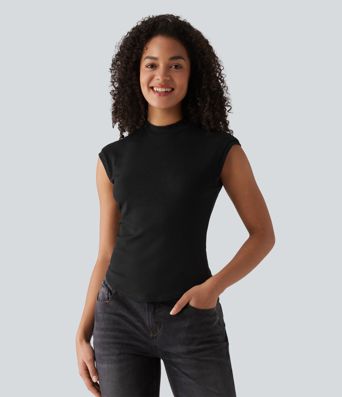 Ribbed Knit Stand Collar Casual Tank Top