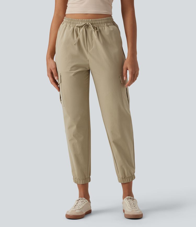Mid Rise Drawstring Stretchy Poplin Casual Cargo Joggers with Pockets