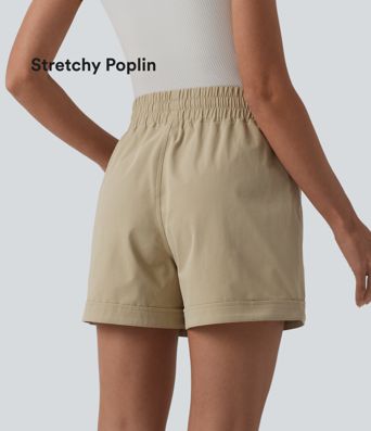 Mid Rise Drawstring Stretchy Poplin Casual Baggy Shorts with Pockets