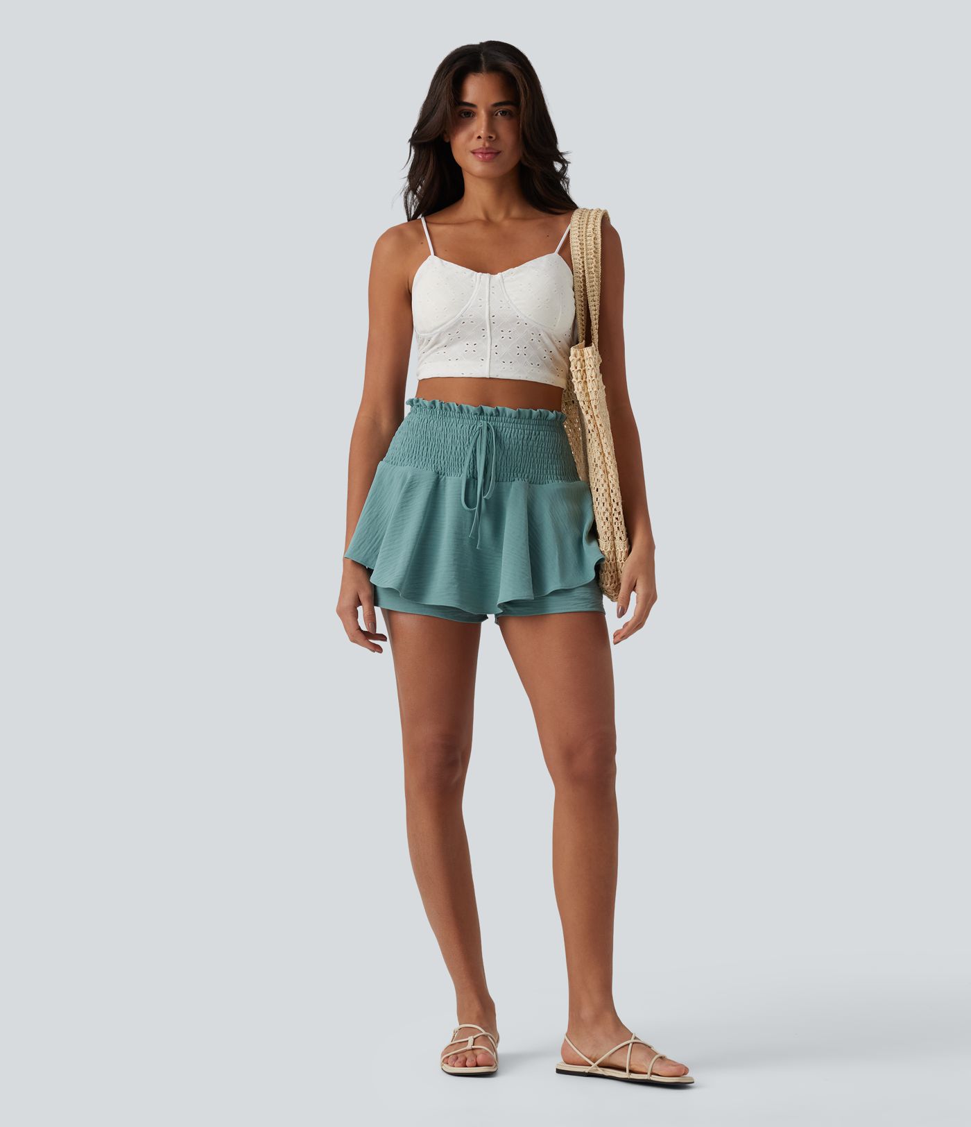 Short 2-en-1 effet lin, taille haute, cordon, fronces et ourlet volanté, 4'' avec poches