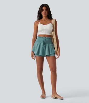 Short 2-en-1 effet lin, taille haute, cordon, fronces et ourlet volanté, 4'' avec poches