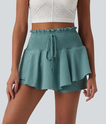 Short 2-en-1 effet lin, taille haute, cordon, fronces et ourlet volanté, 4'' avec poches