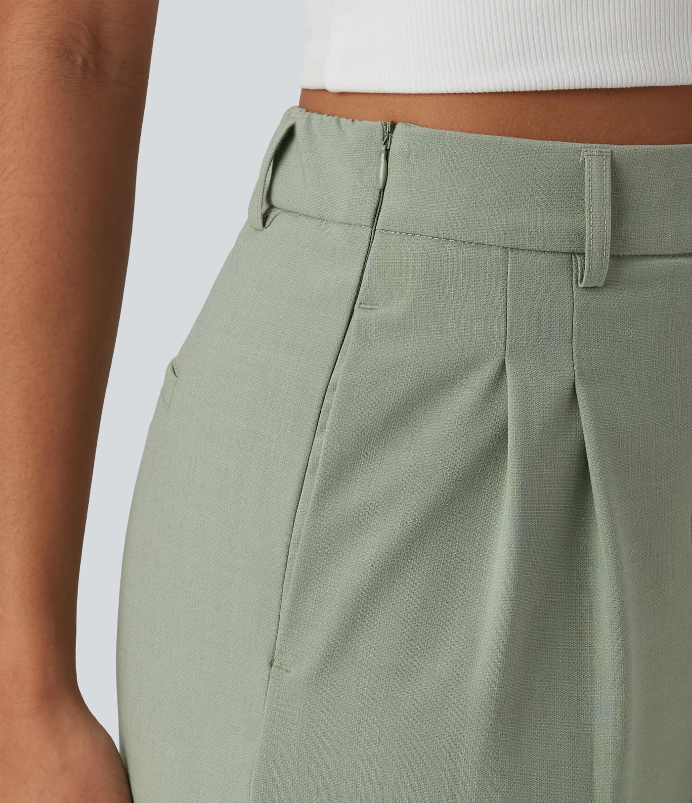 High Waisted Invisible Zipper Pleated Linen-Feel Casual Baggy Pants with Pockets