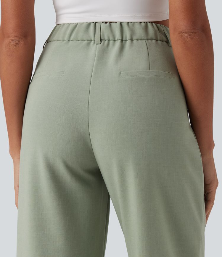 High Waisted Invisible Zipper Pleated Linen-Feel Casual Baggy Pants with Pockets